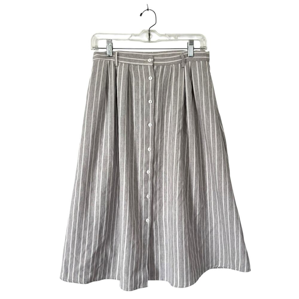 Everly Striped Midi Skirt Women's Size M Gray & White Buttons Lightweight